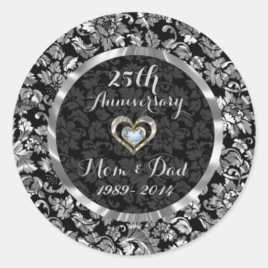 Zwart en metaalzilver 25th Wedding Jubileum Ronde Sticker (Voorkant)