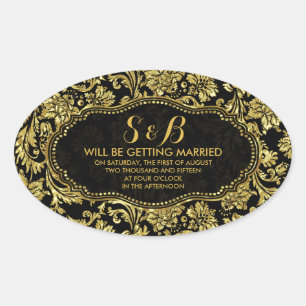 Zwart en Metallic Goud Bloemen Damasks 3a Patroon Ovale Sticker