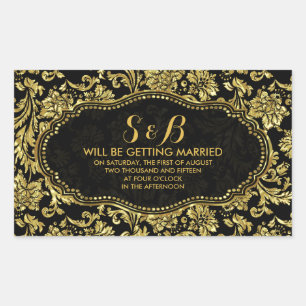 Zwart en Metallic Goud Bloemen Damasks 3a Patroon Rechthoekige Sticker