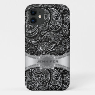 Zwart en Metallic Zilver Bloemen Paisley iPhone 11 Hoesje