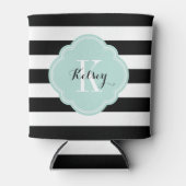 Zwart en Mint Preppy Stripes Monogram Blikjeskoeler (Voorkant)