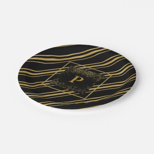 Zwart en mousserend goudzool Stripe Chic Papieren Bordje (Gekanteld)