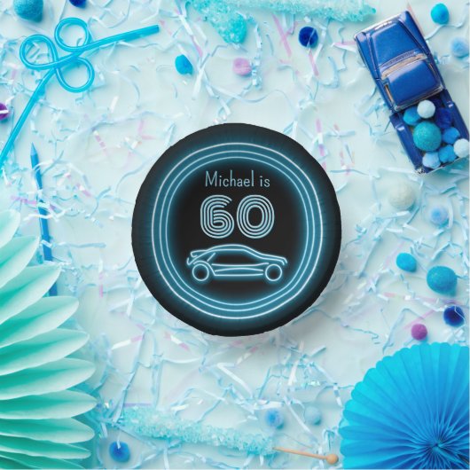 Zwart en Neon Blauwe Auto met Custom Age Mannelijk Papieren Kommen (Feest)