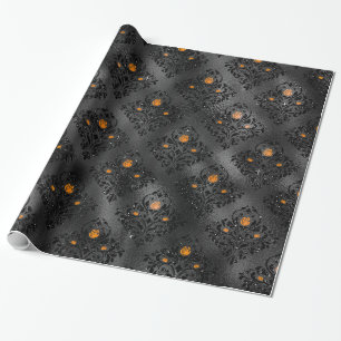 Zwart en oranje bloemmotief damast patroon cadeaupapier
