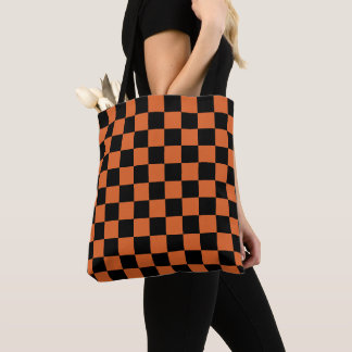Zwart en oranje Halloween dambordpatroon Draagtas