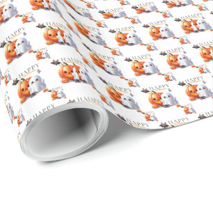Zwart en oranje Schattig Gelukkig Halloween Cadeaupapier