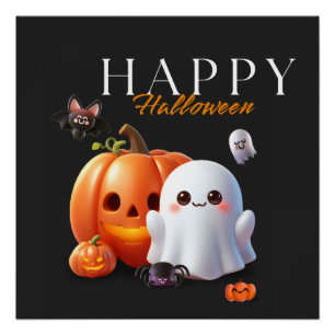 Zwart en oranje Schattig Gelukkig Halloween Perfect Poster