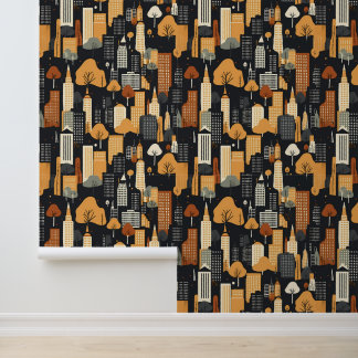 Zwart en Oranje Stadsgebouwen in Herfst Patroon Behang