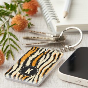 Zwart en oranje tijgerpatroon monogram sleutelhanger
