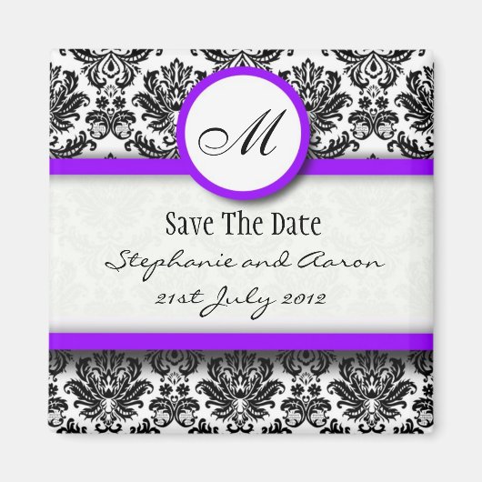 Zwart en Paars Damask Monogram opslaan Datum Magneet (Voorkant)