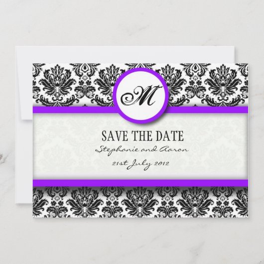 Zwart en Paars Damask Monogram opslaan Datum Save The Date (Voorkant)