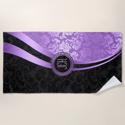 Zwart en Paarse Bloemen Damasks badhanddoek set (Voorkant)