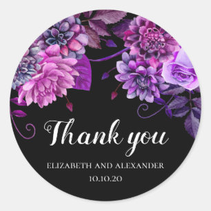 Zwart en paarse bloemige dank je. Trouwbloemen Ronde Sticker