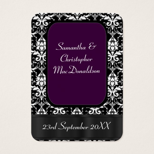 Zwart, en paarse bruiloft gunst dank u label visitekaartje (Voorkant)