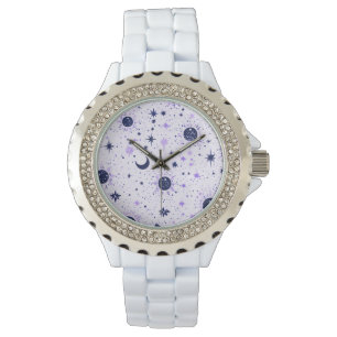 Zwart en Paarse Celestial Sun Moon Stars Horloge