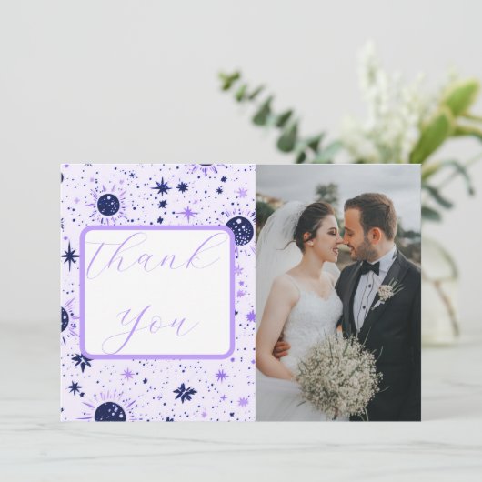 Zwart en Paarse Celestial Zon Maan Sterren Bruilof Bedankkaart (Staand voorkant)