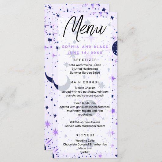 Zwart en Paarse Celestial Zon Maan Sterren Bruilof Menu (Voorkant / Achterkant)