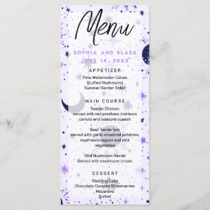 Zwart en Paarse Celestial Zon Maan Sterren Bruilof Menu