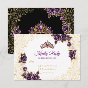 Zwart en Paarse Gouden Tiara Rozen Quinceañera RSVP Kaartje