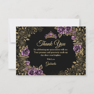 Zwart en paarse Quinceañera gouden tiara rozen Bedankkaart