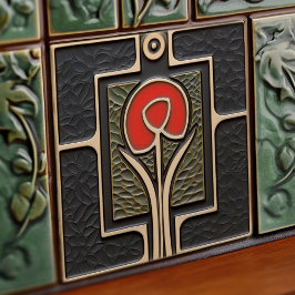 Zwart en Rood Abstract Bloem Mid-Century Tegeltje