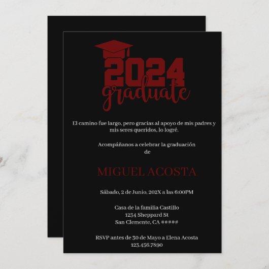 Zwart en rood Afstuderen 2024 uitnodigen Kaart (Voorkant / Achterkant)