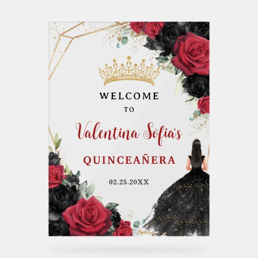 Zwart en rood Bloemen Prinses Quinceañera Welkom Acryl Bord (Voorkant)