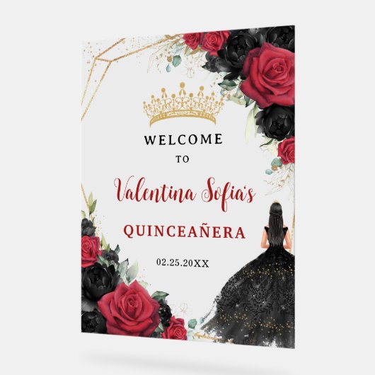Zwart en rood Bloemen Prinses Quinceañera Welkom Acryl Bord (Hoek)