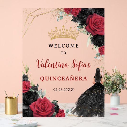 Zwart en rood Bloemen Prinses Quinceañera Welkom Acryl Bord (Huwelijk)