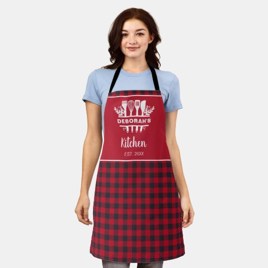 Zwart en Rood Buffel Plaid Keukennaam Schort (Gedragen)