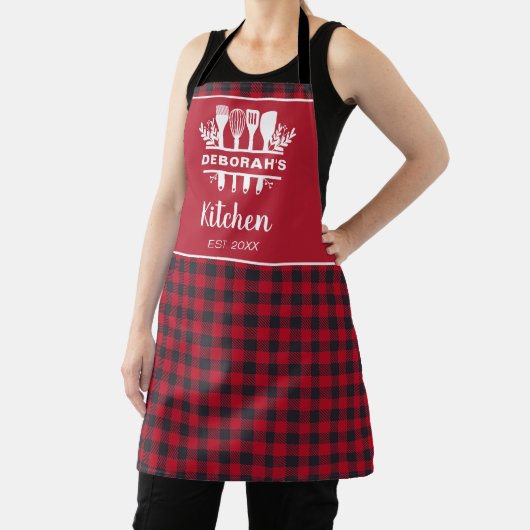 Zwart en Rood Buffel Plaid Keukennaam Schort (Insitu)