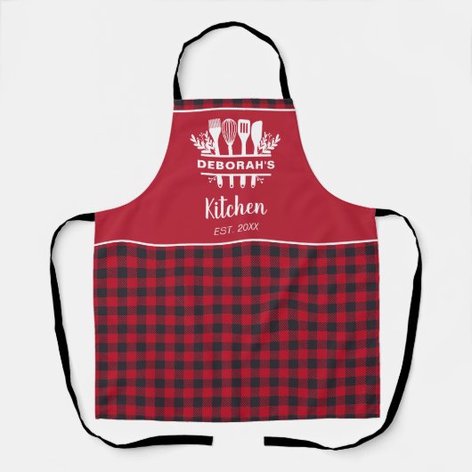 Zwart en Rood Buffel Plaid Keukennaam Schort (Voorkant)