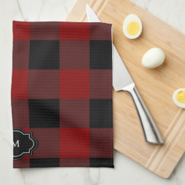 Zwart en rood buffel plaid monogrammed theedoek