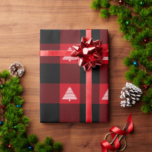 Zwart en rood buffelplaid witte kerstbomen cadeaupapier