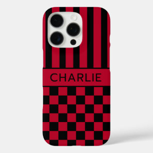 Zwart en rood geruit gestreept gepersonaliseerd iPhone 16 pro hoesje