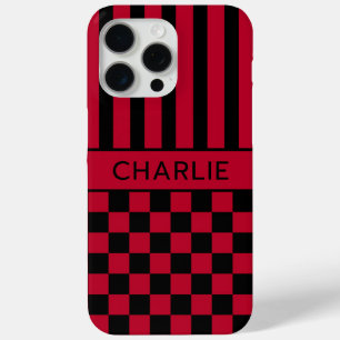 Zwart en rood geruit gestreept gepersonaliseerd iPhone 15 pro max hoesje