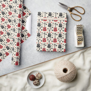 Zwart en rood Gitaar Hart Patroon op Off-White Cadeaupapier