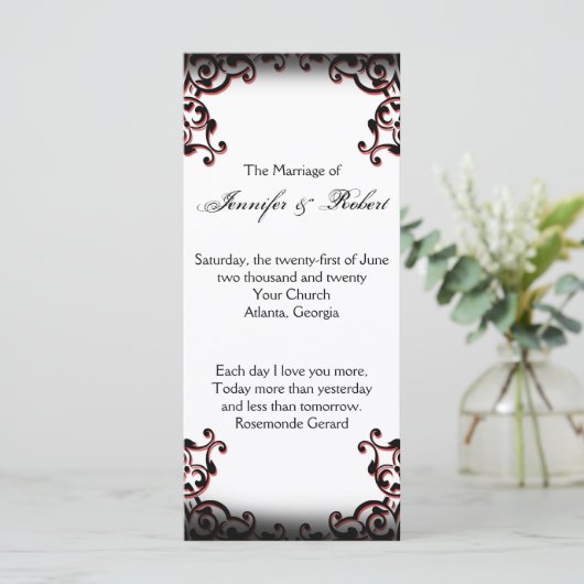 Zwart en Rood Gothic Scroll Bruiloft Programma (Staand voorkant)