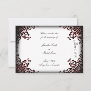 Zwart en Rood Gothic Scroll Bruiloft Save the Date