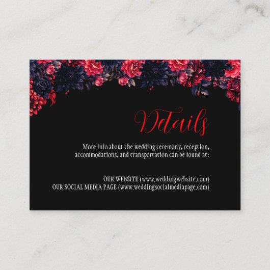 Zwart en rood Gotische Bloemen Dark Enclosure Kaar Informatiekaartje (Voorkant)