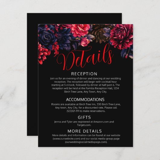 Zwart en rood Gotische Bloemen Dark Enclosure Kaar Informatiekaartje (Voorkant / Achterkant)