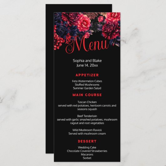 Zwart en Rood Gotische Bloemen Donkere Trouwplatte Menu (Voorkant / Achterkant)