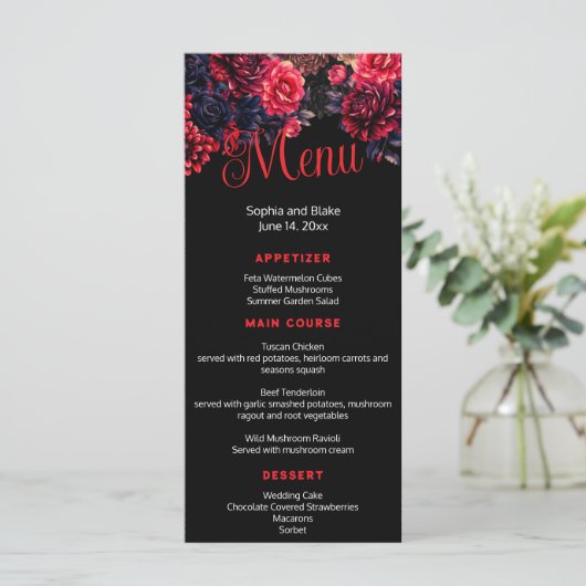 Zwart en Rood Gotische Bloemen Donkere Trouwplatte Menu (Staand voorkant)