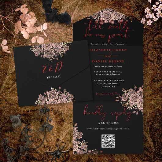 Zwart en rood gotische rozen QR-code bruiloft All In One Uitnodiging