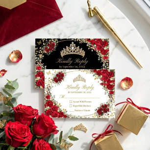 Zwart en rood gouden vlinder Quinceañera RSVP Kaartje
