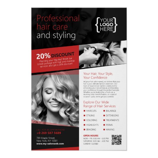 Zwart en Rood Haar Salon, Kapper (Glossy) Perfect Poster (Voorkant)