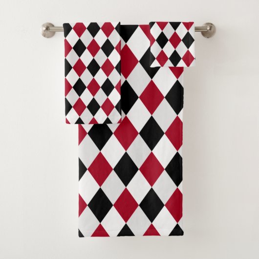Zwart en rood Harlequin Diamond Pattern Bath Bad Handdoek (Insitu)