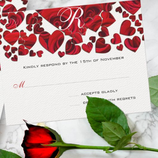 Zwart en Rood Hart Rozen Bruiloft RSVP Kaartje