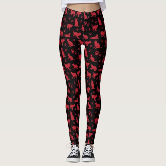 Zwart en Rood Kitten Print met Cat Paws Leggings (Voorkant)