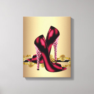 Zwart en Rood Leopard High Heel Shoes Boutique Canvas Afdruk